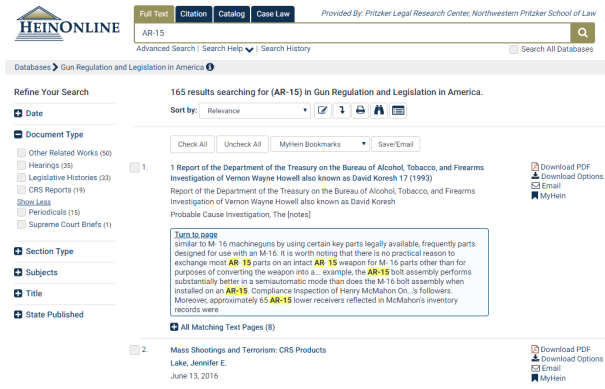 Search results for search of Gun Regulation and Legislation in America database returns 165 results for "AR-15" across several document types
