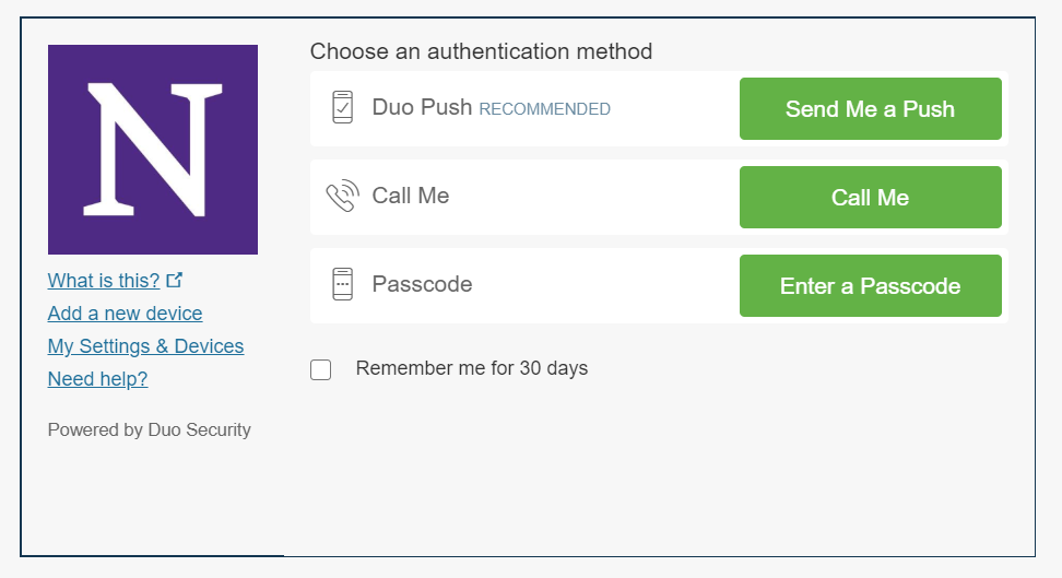 Multi-factor authentication screen gives option for Duo Push 