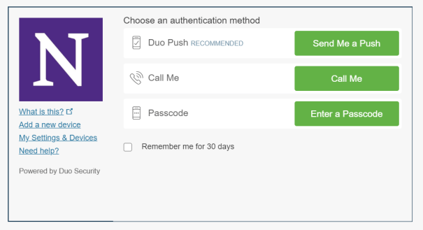 Multi-factor authentication screen gives option for Duo Push 