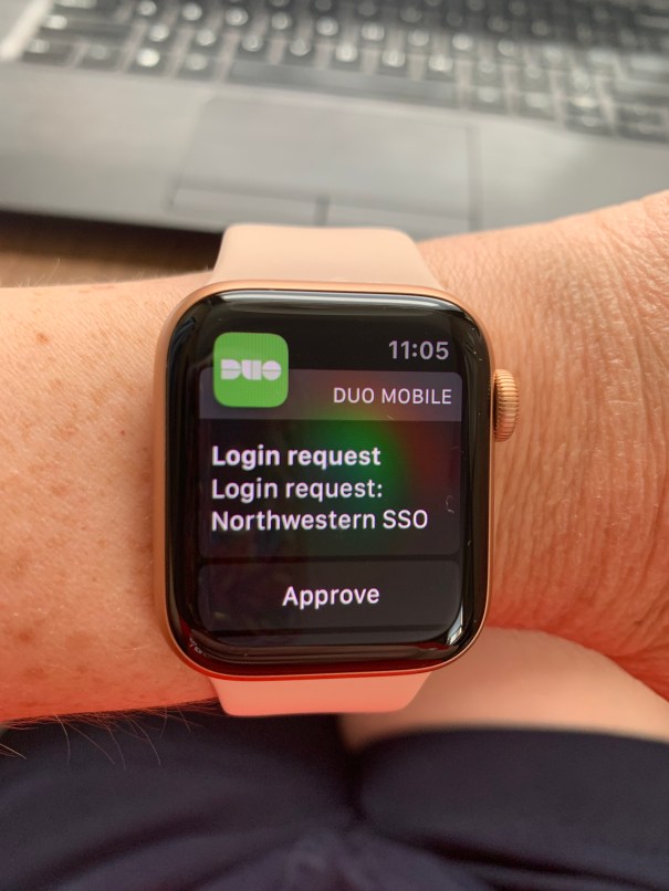 apple watch showing Duo Mobile login request screen with option to approve